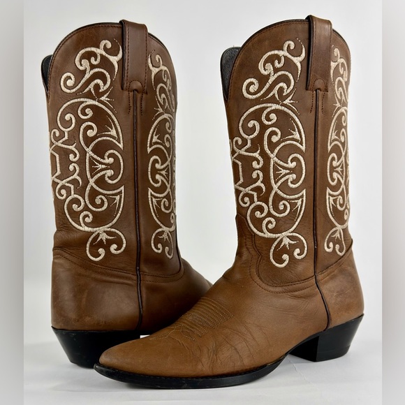 Vintage Tony Lama Women's Cowboy Boots Brown Leather Cream Embroidery Sz 7.5 B - Picture 3 of 14